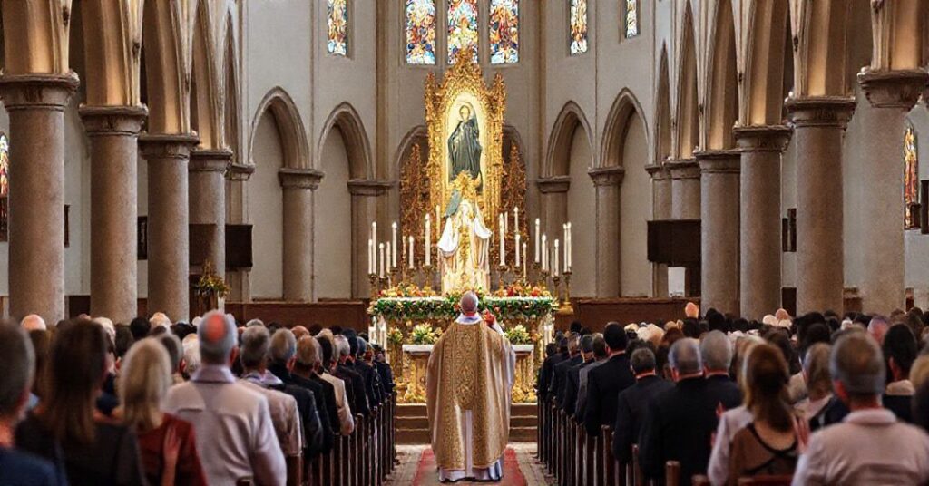 Katedra z tradycyjną katolicką kongregacją podczas uroczystej mszy, z biskupem w pełnym ornacie liturgicznym podnoszącym monstrancję z Najświętszym Sakramentem, w otoczeniu statuy Matki Bożej Częstochowskiej, z głębokim nabożeństwem i oddaniem do Królestwa Chrystusowego.