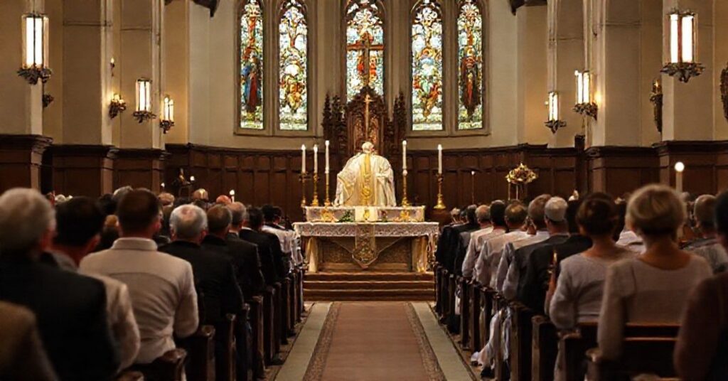 Uroczysta Msza w tradycyjnym kościele katolickim z kapłanem w ornaty i Kongregacja modląca się w pokorze.