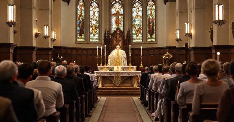 Uroczysta Msza w tradycyjnym kościele katolickim z kapłanem w ornaty i Kongregacja modląca się w pokorze.