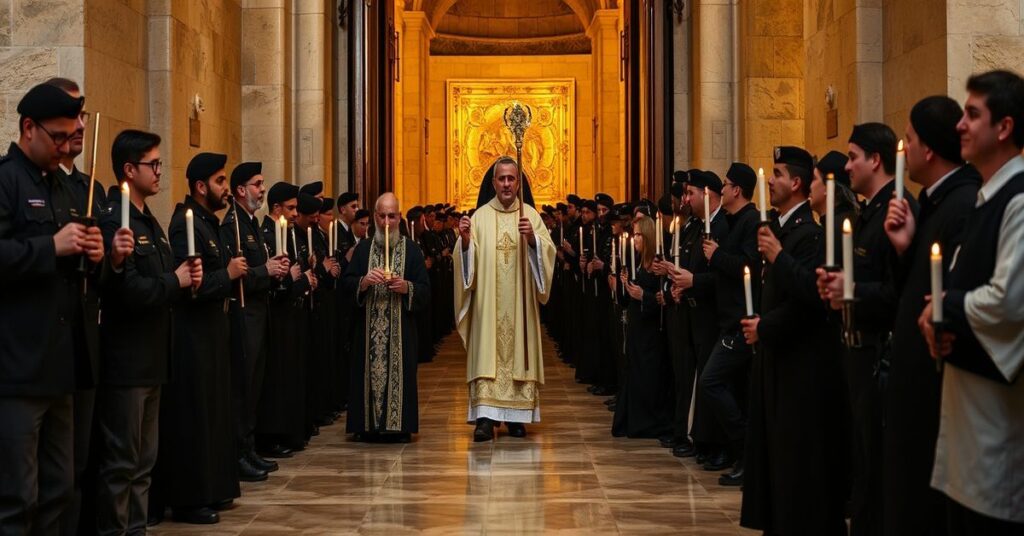 Uroczysty procesja wokół Bazyliki Grobu Świętego z księży w tradycyjnych szatach liturgicznych i wiernych klęczących w czerni i bieli otoczonych przez izraelskich żołnierzy.