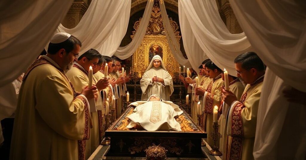 Obraz ukazujący uroczyście otwarty grób św. Teresy z Ávili w Alba de Tormes z relikwiami i tradycyjnymi elementami katolickimi.