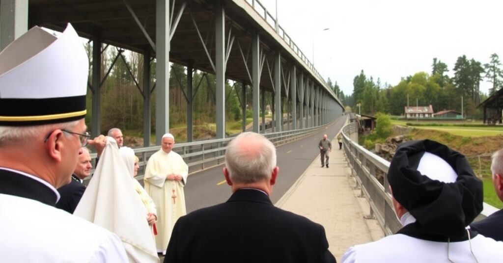 Obraz przedstawiający uroczyste otwarcie mostu im. ks. Romana Kotlarza w powiecie radomskim, z udziałem lokalnych urzędników i duchownych.