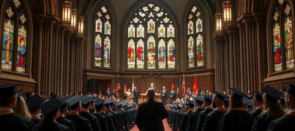 Uroczystość absolwenta na katolickiej uczelni w 2026 roku z Msgr. James Patrick Shea i innymi mówcami na scenie.