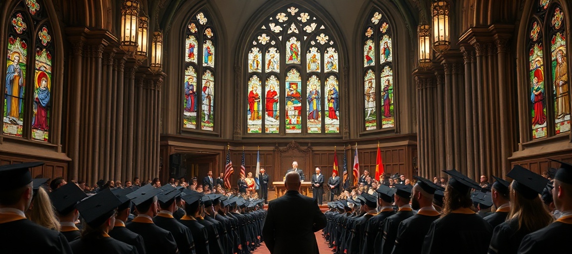 Uroczystość absolwenta na katolickiej uczelni w 2026 roku z Msgr. James Patrick Shea i innymi mówcami na scenie.