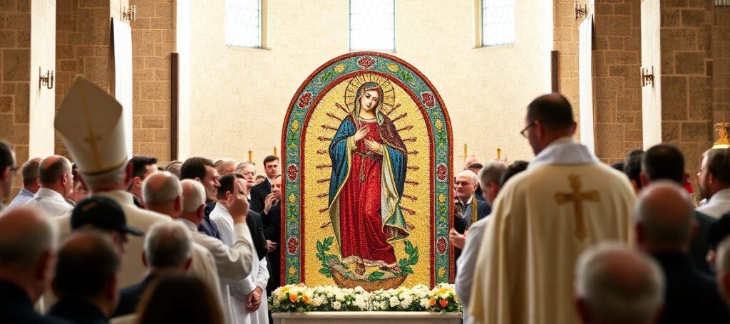 Uroczystość błogosławienia mozaiki Matki Bożej Pokoju na Wieży Fatimskiej w Krakowie