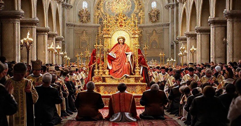 Procesja katolicka podczas uroczystości Chrystusa Krola w Świątyni Opatrzności Bożej z tradycyjnymi elementami katolickimi.