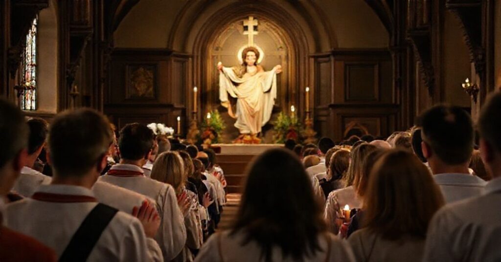 Praktyczny obraz przedstawiający uroczystość Chrystusa Króla w tradycyjnym katolickim duchu, bez współczesnych modyfikacji.