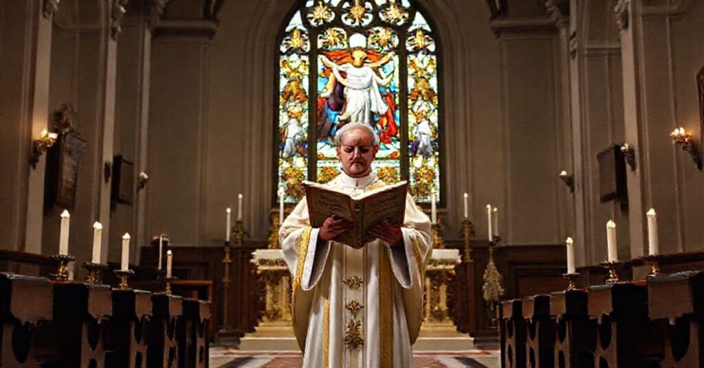 Tradycyjny wnętrze kościoła katolickiego przedstawiające uroczystość Chrystusa Króla z kapłanem w ornaty i krzyżem.