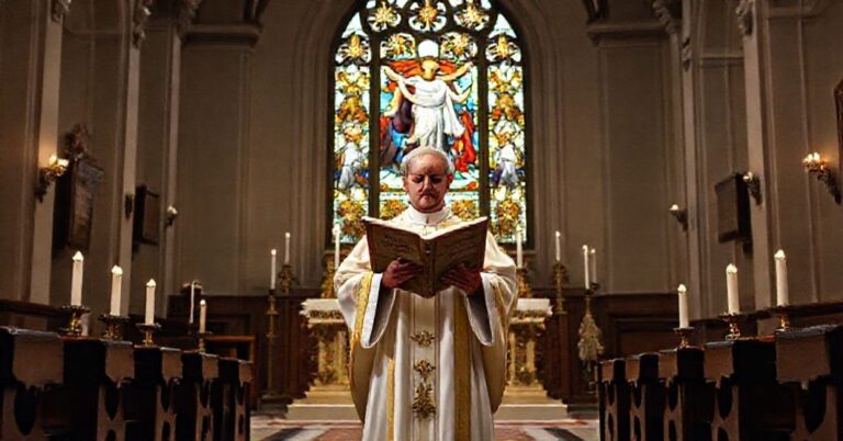 Tradycyjny wnętrze kościoła katolickiego przedstawiające uroczystość Chrystusa Króla z kapłanem w ornaty i krzyżem.