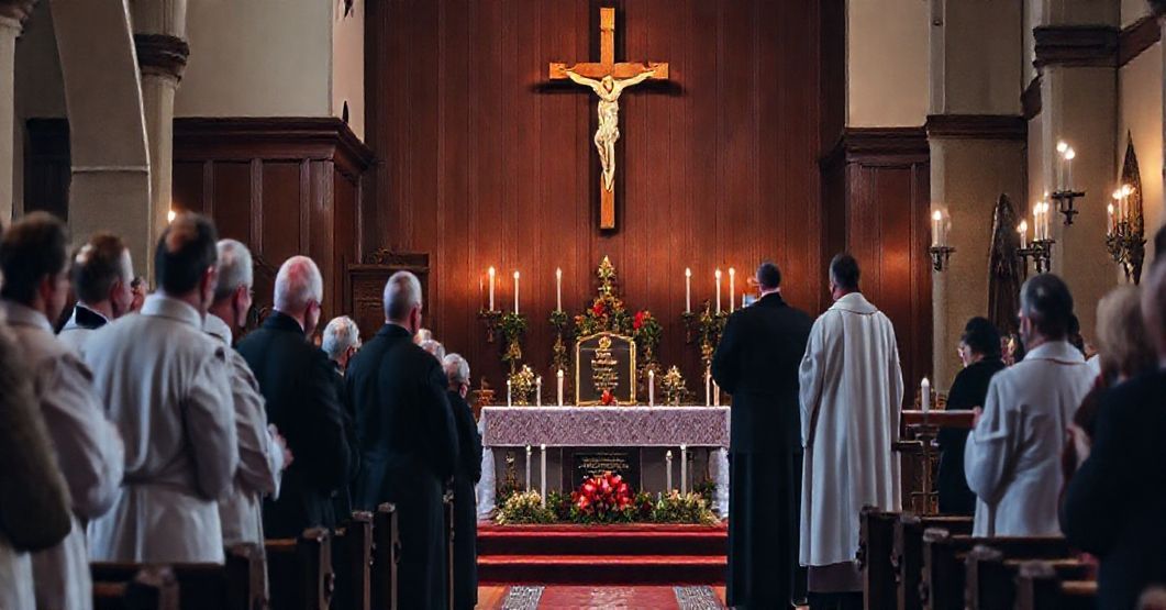 Uroczystość religijna w kościele ku czci zamordowanych kapelanów polskiego wojska w Katyniu. Scena przedstawia gromadę wiernych i duchownych podczas mszy św. z prominentnym krzyżem i tablicą pamiątkową.