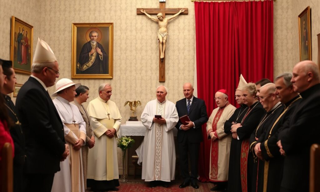 Obraz przedstawiający uroczystość rocznicy Konstytucji 3 Maja w Ambasadzie RP przy Stolicy Apostolskiej z udziałem dyplomatów i hierarchów kościelnych.