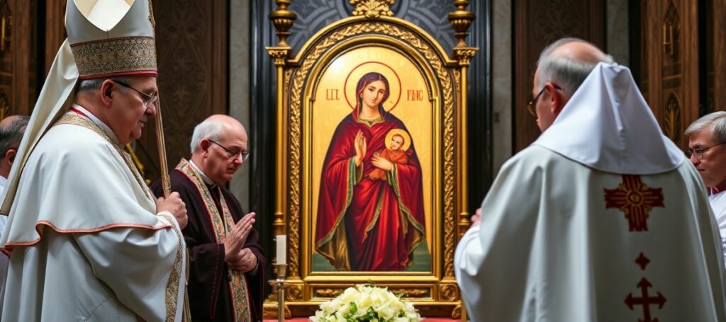 Obraz przedstawiający uroczystość koronacji Ikony Matki Bożej „Brama Miłosierdzia” w Jarosławiu z udziałem biskupów rzymskokatolickich i greckokatolickich.