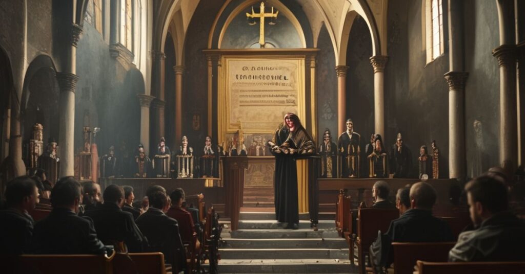 Scena w kościele Zwiastowania NMP w Inowrocławiu podczas uroczystości ku czci "kardynała" Józefa Glempa, gdzie "arcybiskup" Wojciech Polak wygłasza przemowę przed zgromadzeniem.