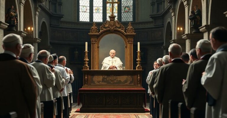 Traditionalny wnętrze kościoła z relikwiarzem zawierającym habit o. Pio, z uroczystą atmosferą i uczestnikami w tradycyjnych habitatkach.