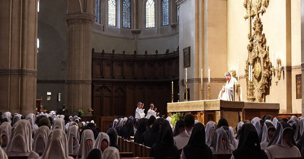 Uroczystość liturgiczna w tradycyjnej bazylice z biskupem w pełnym stroju liturgicznym i siostrami w habitach modlącymi się.