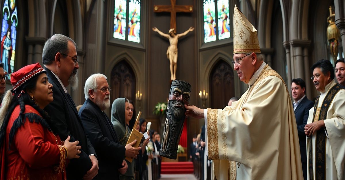 Apostazja w Montrealu: Wręczenie idolów z Watykanu Uroczystość w Montrealu przekazania przedmiotów kultu pogańskiego z Muzeów Watykańskich przez neokatolicki biskup