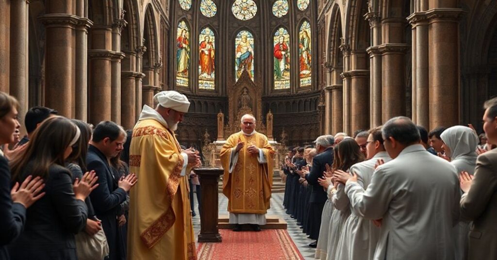 Uroczystość w archikatedralnej bazylice poznańskiej, podczas której ksiądz błogosławi świątym szafarzom Komunii Świętej. Scena ukazuje tradycyjny wnętrze kościoła z witrażami i klasyczną architekturą gotycką.