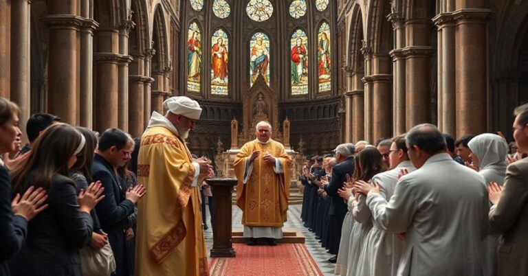 Uroczystość w archikatedralnej bazylice poznańskiej, podczas której ksiądz błogosławi świątym szafarzom Komunii Świętej. Scena ukazuje tradycyjny wnętrze kościoła z witrażami i klasyczną architekturą gotycką.