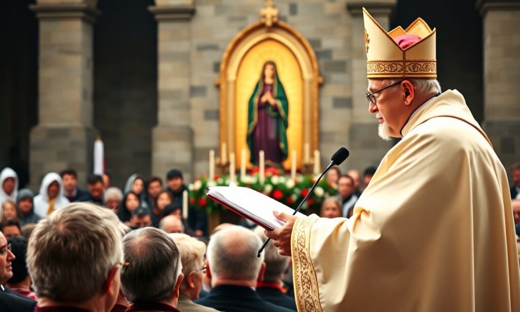 Obraz przedstawiający uroczystość Najświętszej Maryi Panny Królowej Polski na Jasnej Górze z abp. Tadeuszem Wojdą.