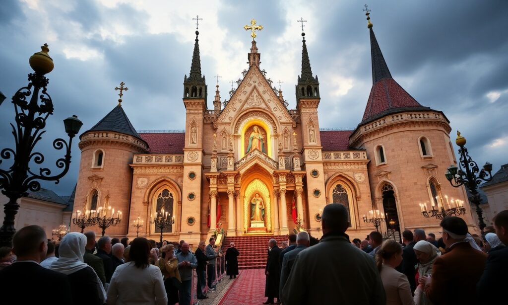 Obraz przedstawia uroczystość Najświętszej Maryi Panny Królowej Polski na Jasnej Górze z tradycyjnymi elementami katolickimi.