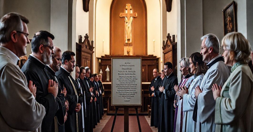 Uroczystość odsłonięcia tablicy pamiątkowej ks. Leona Łagody w Miłosławiu, w tradycyjnym kościele katolickim. Scena przedstawia grupę kleru i wiernych w modlitewnej postawie, z tablicą pamiątkową umieszczoną przy głównym wejściu. Atmosfera jest poważna i święta, podkreślona naturalnym oświetleniem.