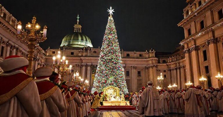 Uroczystość zapalenia choinki na Placu św. Piotra prowadzona przez siostrę Raffaellę Petrini i antypapieża Leona XIV