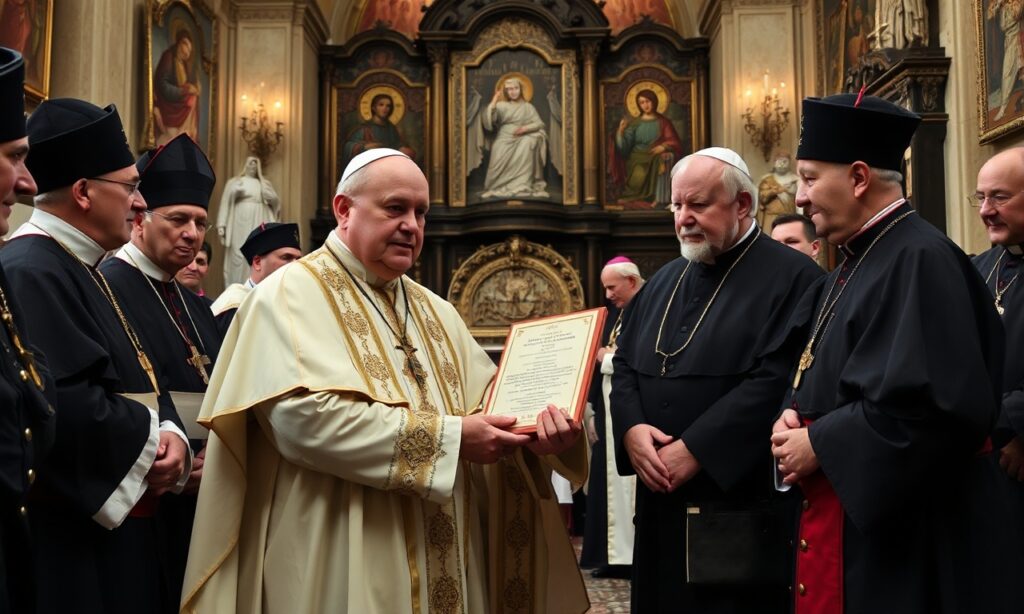 Uroczystość przekazania pierwszej kopii książki 'Wolni dzięki łasce' uzurpatorowi Leonowi XIV w Augustinianum.