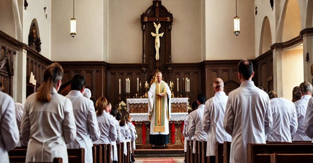 Uroczystość religijna dla pracowników służby zdrowia w parafii św. Franciszka z Asyżu we Wrocławiu, z tradycyjnym ołtarzem i kapłanem w ornatach, otoczonym przez lekarzy w białych fartuchach, modlące się w atmosferze głębokiej pobożności.