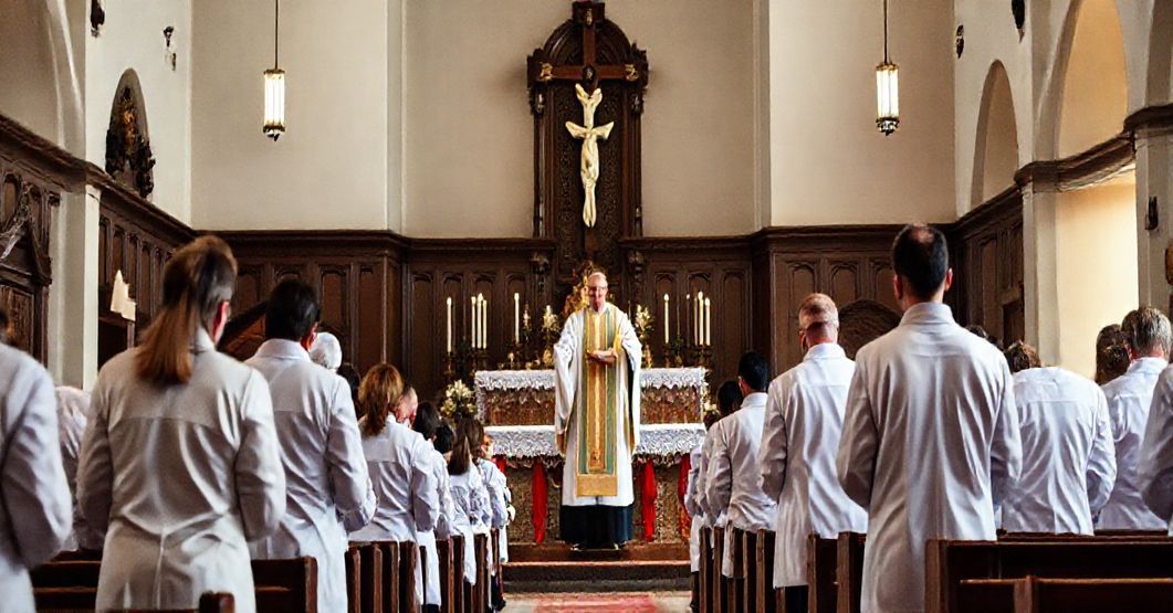 Uroczystość religijna dla pracowników służby zdrowia w parafii św. Franciszka z Asyżu we Wrocławiu, z tradycyjnym ołtarzem i kapłanem w ornatach, otoczonym przez lekarzy w białych fartuchach, modlące się w atmosferze głębokiej pobożności.