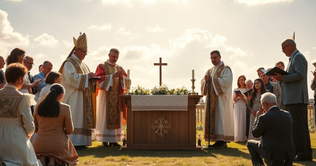Realistyczne katolickie zdjęcie z uroczystości, kapłani w tradycyjnych szatach, wierni modląc się przy ołtarzu, oddanie czci św. Maksymilianowi Kolbemu, podkreślenie duchowości i sakramentalnej pobożności.