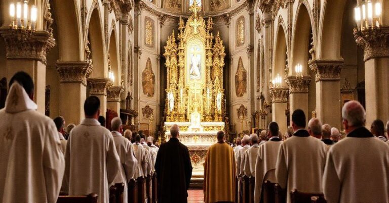 Poważna uroczystość liturgiczna w Katedrze Sandomierskiej z udziałem kanoników w tradycyjnych strojach liturgicznych.