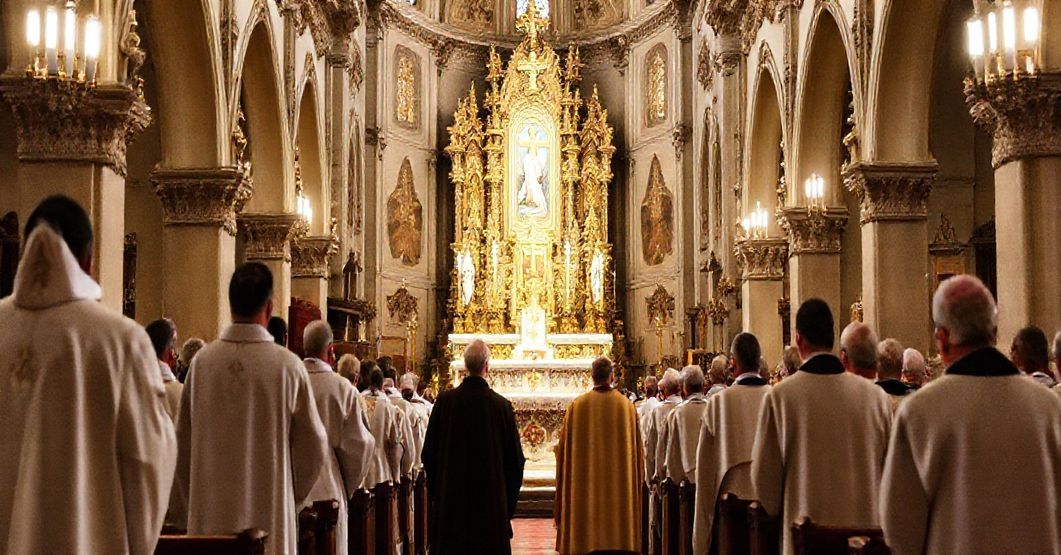 Poważna uroczystość liturgiczna w Katedrze Sandomierskiej z udziałem kanoników w tradycyjnych strojach liturgicznych.