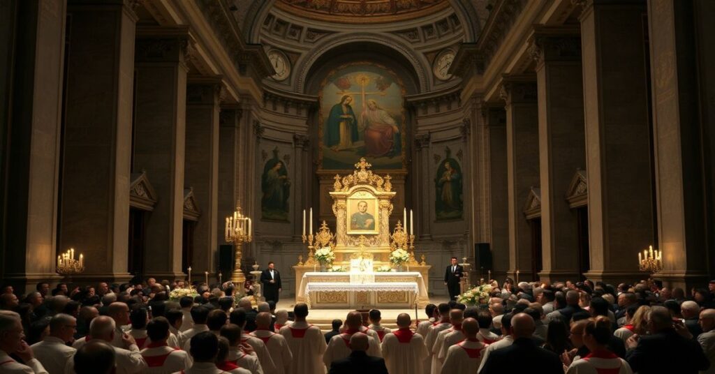 Wizerunek przedstawia uroczystość w Bazylice Matki Bożej Większej w Rzymie z okazji pierwszej rocznicy śmierci uzurpatora Franciszka. Na zdjęciu widoczny jest ołtarz głównej kaplicy z tablicą pamiątkową oraz współczesna celebracja mszy bez naczyń sakralnych.