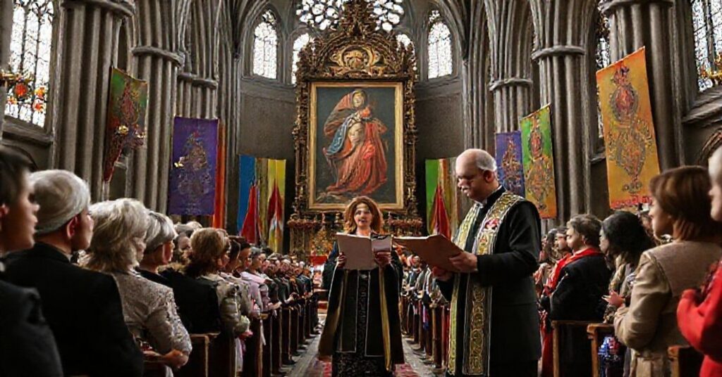 Kaplica Polska w Katedrze Notre-Dame z kontrowersyjną Ikoną Jasnogórską podczas uroczystości z udziałem Marty Nawrockiej.