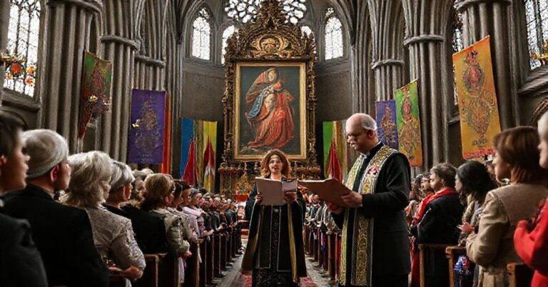 Kaplica Polska w Katedrze Notre-Dame z kontrowersyjną Ikoną Jasnogórską podczas uroczystości z udziałem Marty Nawrockiej.