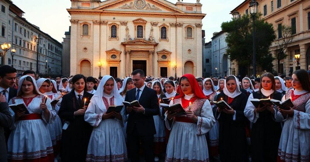 Grupa osób w tradycyjnych strojach polskich modli się przed kościołem w Rzymie podczas uroczystości religijnej.
