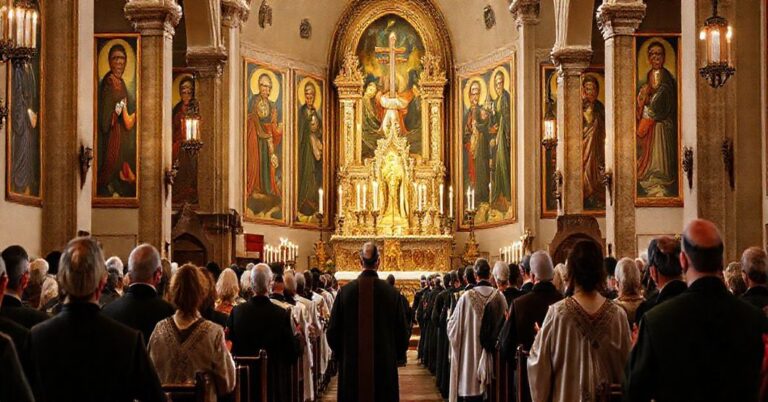 Tradycyjny wizerunek wnętrza kościelnego z procesją wiernych podczas uroczystości Wszystkich Świętych, podkreślający hierarchię świętych i kontrastującym z nowoczesnymi fałszywymi ideami.