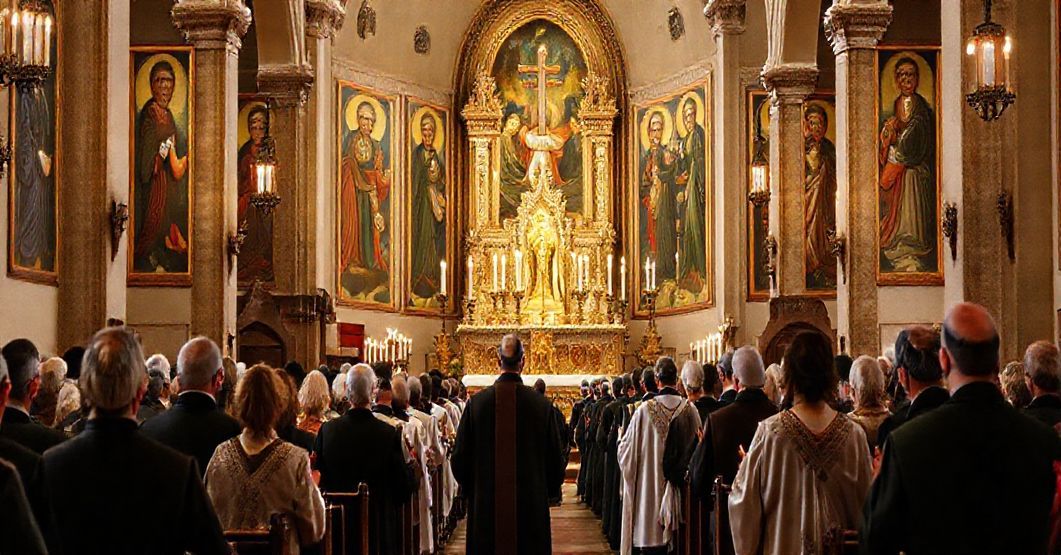 Tradycyjny wizerunek wnętrza kościelnego z procesją wiernych podczas uroczystości Wszystkich Świętych, podkreślający hierarchię świętych i kontrastującym z nowoczesnymi fałszywymi ideami.