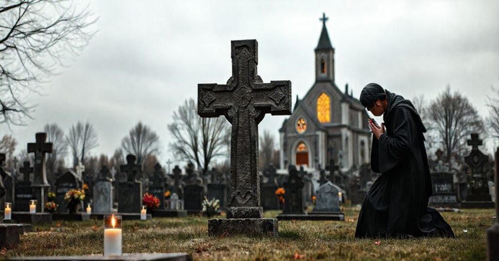Zdjęcie przedstawiające uroczystość Wszystkich Świętych w katolickim cmentarzu, z tradycyjnymi nagrobkami, zapalonymi świecami i kościołem w tle.