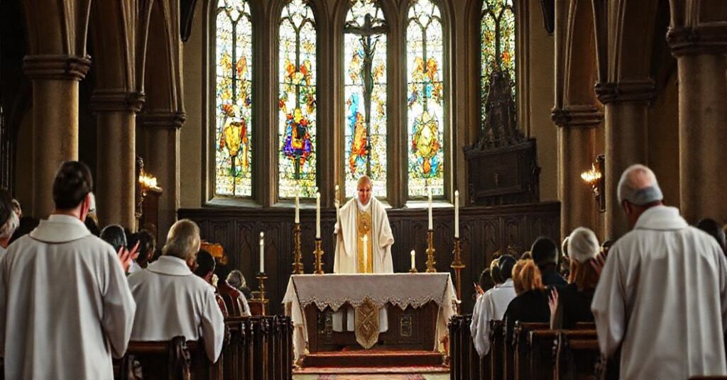 Tradycyjny katolicki obraz przedstawiający uroczystość Wszystkich Świętych w kościele, z kapłanem w tradycyjnych szatach liturgicznych i wiernymi modlącymi się.