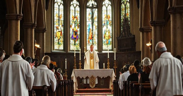 Tradycyjny katolicki obraz przedstawiający uroczystość Wszystkich Świętych w kościele, z kapłanem w tradycyjnych szatach liturgicznych i wiernymi modlącymi się.