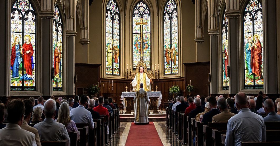 Wnętrze kościoła katolickiego podczas uroczystości Wszystkich Świętych, z kapłanem celebrującym Mszę Świętą i wiernymi w modlitwie. Witraże przedstawiają świętych w chwale, z naciskiem na Eucharystię i nadprzyrodzony charakter święta.