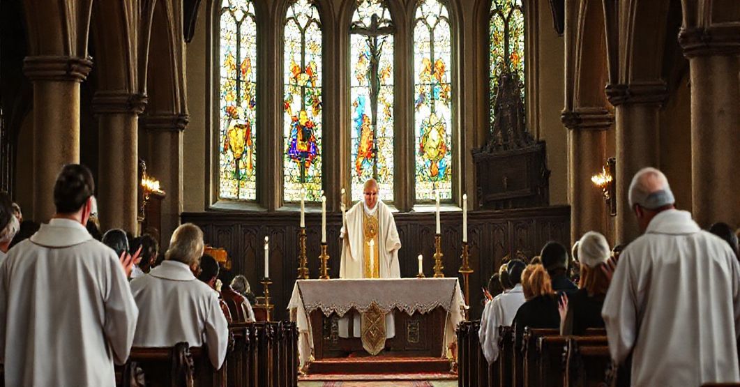 Tradycyjny katolicki obraz przedstawiający uroczystość Wszystkich Świętych w kościele, z kapłanem w tradycyjnych szatach liturgicznych i wiernymi modlącymi się.