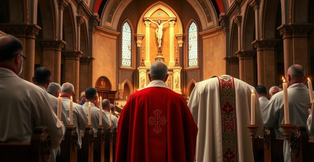 Duchown katolicki w liturgii w tradycyjnym kościele, podczas uroczystości z krzyżem i świecami, symbolizujący autentyczną hierarchię i wiarę katolicką