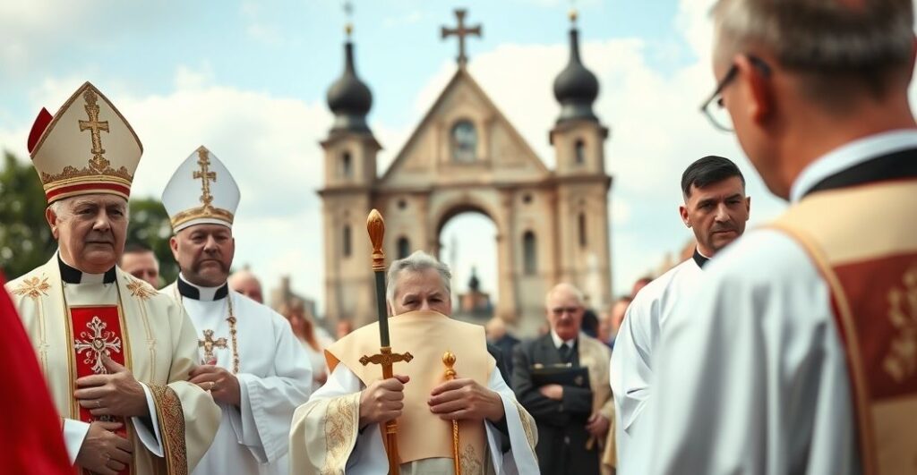 Rewerentny obraz katolickiego duchownego podczas uroczystości przy grobie żołnierza, podkreślający powagę i duchowość wydarzenia