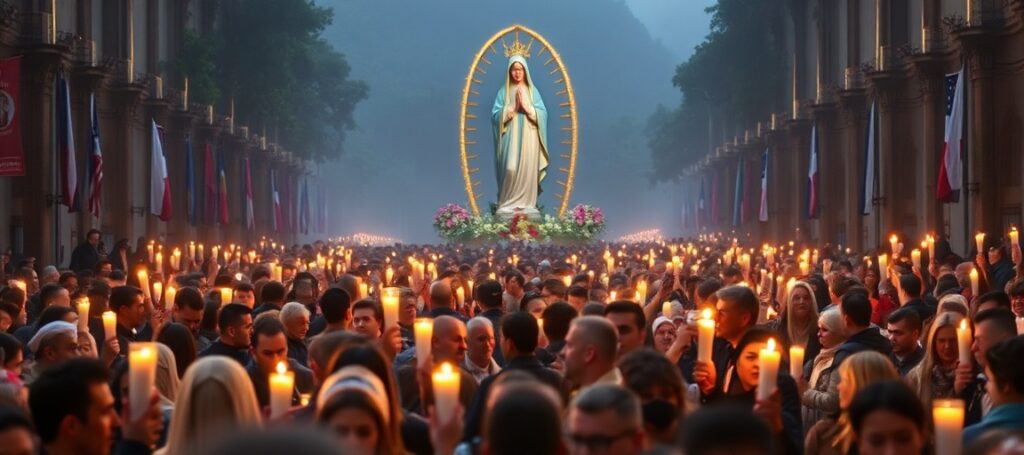 Grupa pielgrzymów w Cova da Iria podczas uroczystości fatimskich w 2026 roku