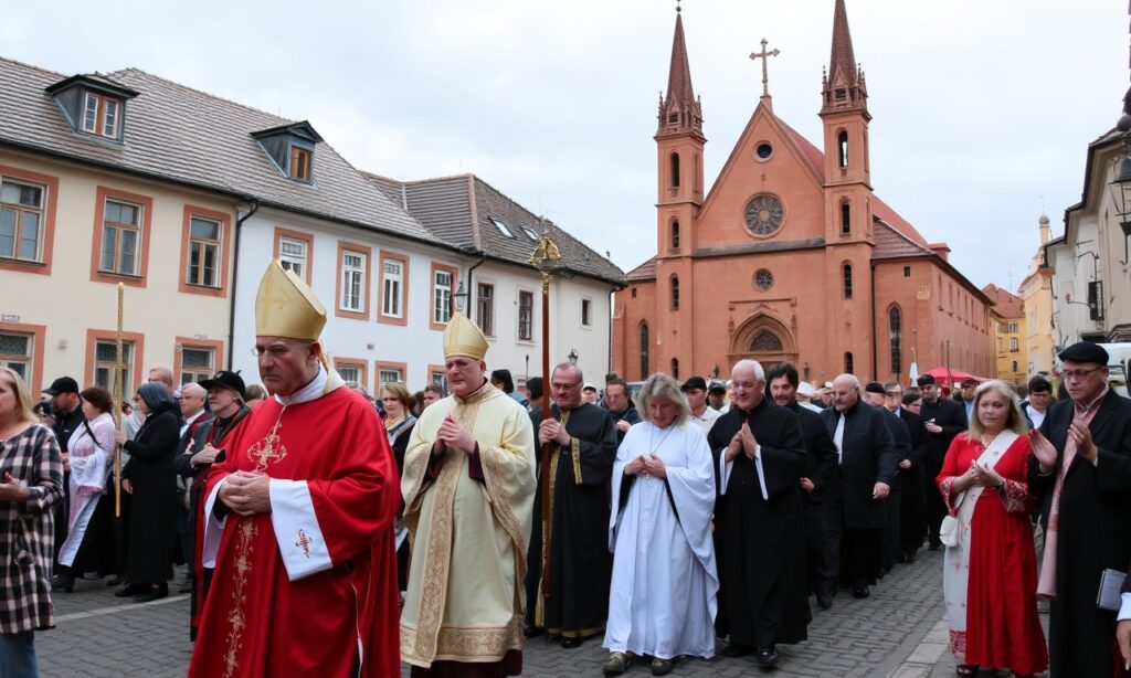Obraz przedstawiający uroczystości odpustowe ku czci Matki Bożej Łaskawej w Kielcach z udziałem biskupów i wiernych w procesji.