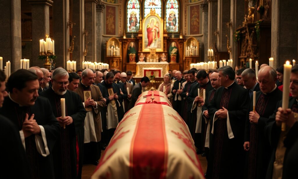 Uroczysty pogrzeb abp. Józefa Michalika w tradycyjnym kościele katolickim z duchownymi w strojach liturgicznych.