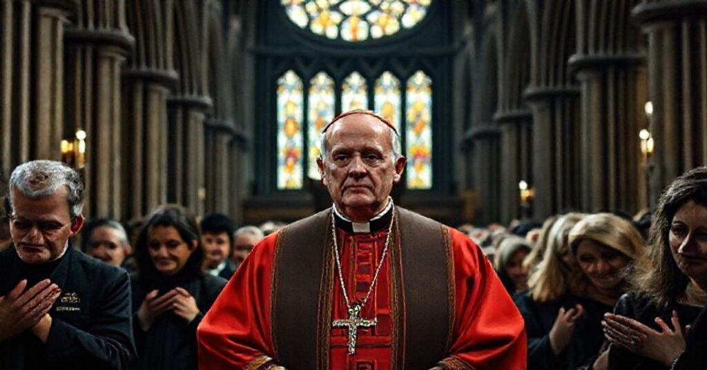 Uroczysty pogrzeb kardynała w tradycyjnym katedralnym wnętrzu z elementami gotyckiej architektury.