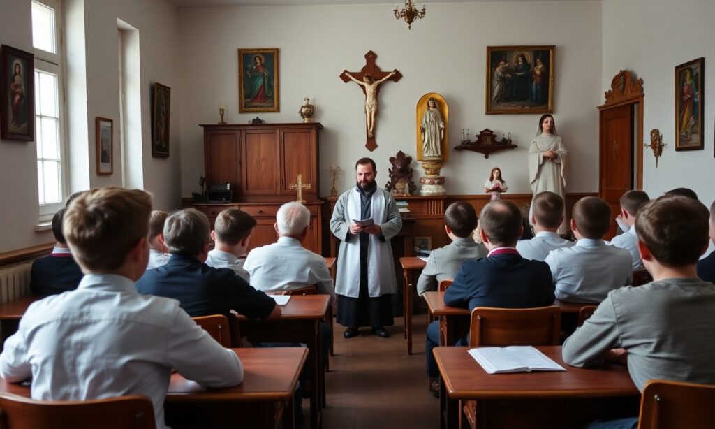 Uroczysty i poważny widok tradycyjnej klasy szkolnej w Polsce, gdzie grupa uczniów uważnie słucha katechety Piotra Janowicza nauczającego katolickiej doktryny. Klasa jest ozdobiona symbolami religijnymi takimi jak krzyż, statuy Matki Boskiej i sakralne dzieła sztuki.